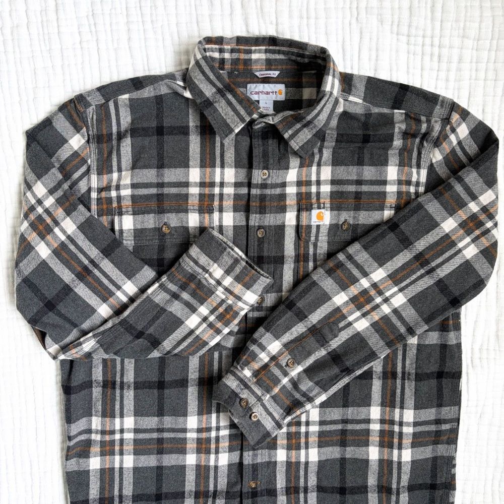 Carhartt Plaid Flannel Shirt Gray Orange Original Fit Cotton Workwear